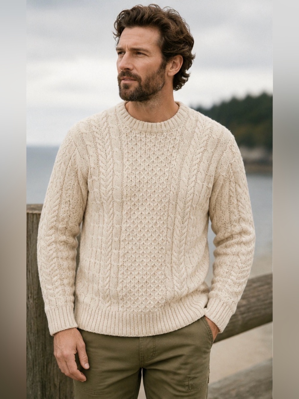 Duluth Trading Company Shetland Wool Fisherman Sweater Oat Cream Cable Knit Crew